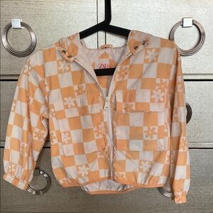 Zara Orange and Cream Raincoat with Checkered Pattern